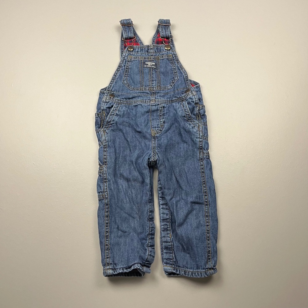 OshKosh B'gosh Denim Overalls Kids 24M Blue Flannel Lined Plaid 1M185310